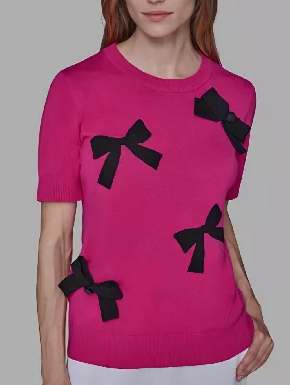 Karl Lagerfeld Hot Pink Short-Sleeve Sweater with Black Bow Accents Size M